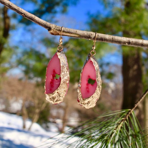 14K Gold Geode Resin Stone Drop Teardrop Earrings - Picture 8 of 9